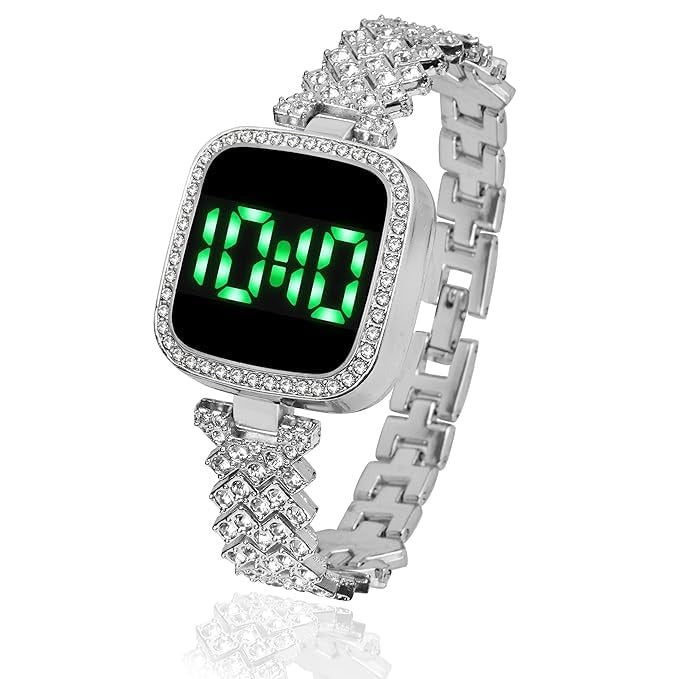Watch for Girls Diamond Touch Screen LED Watch for Ladies Stylish Fashion Watch For Girls in Silver Stone Square Dial Shape For Gift - Black