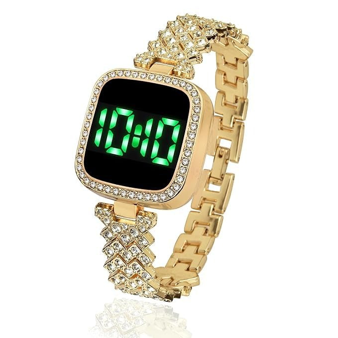Watch for Girls Diamond Touch Screen LED Watch for Ladies Stylish Fashion Watch For Girls in Silver Stone Square Dial Shape For Gift - Black