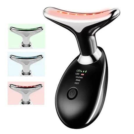 Rechargeable Neck & Face Massager with EMS Microcurrent – 3 Color Light Therapy, Hot Compress & Vibration Facial Skin Care Device (Type-C Charging)