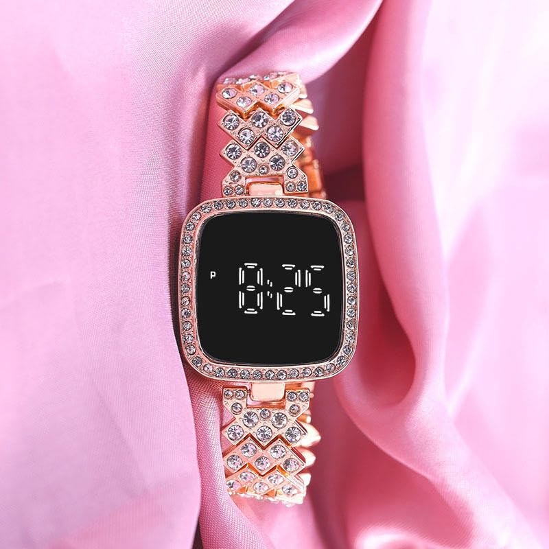 Watch for Girls Diamond Touch Screen LED Watch for Ladies Stylish Fashion Watch For Girls in Silver Stone Square Dial Shape For Gift - Black